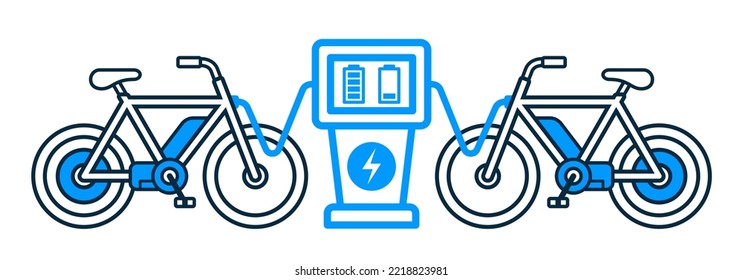 Electric bicycle charging station with two e-bikes - vector illustration isolated on white