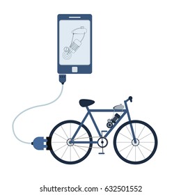 Electric bicycle connected to a cell phone through a usb cable. Outline of the motor being shown on the mobile monitor. Flat design. Isolated.
