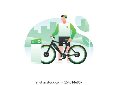 Electric Bicycle Design Concept. Electrical Bike Illustration Vector. A Man Charging His Cycle At Power Station