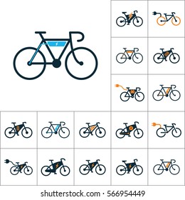 electric bicycle, e-bike icons set on white background