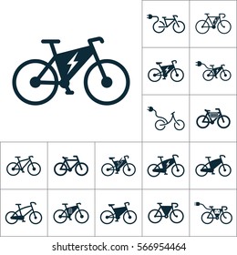 electric bicycle, e-bike icons set on white background