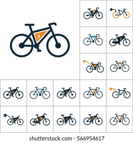 electric bicycle, e-bike icons set on white background