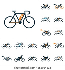 electric bicycle, e-bike icons set on white background