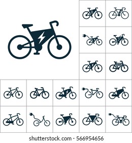 electric bicycle, e-bike icons set on white background