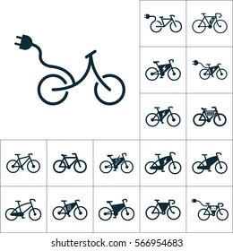 electric bicycle, e-bike icons set on white background