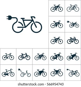 electric bicycle, e-bike icons set on white background