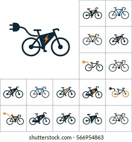 electric bicycle, e-bike icons set on white background