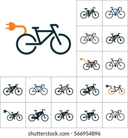 electric bicycle, e-bike icons set on white background