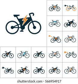 electric bicycle, e-bike icons set on white background
