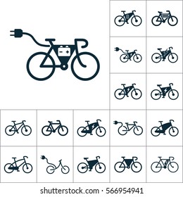 electric bicycle, e-bike icons set on white background