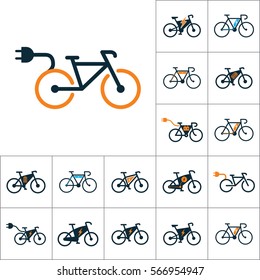 electric bicycle, e-bike icons set on white background