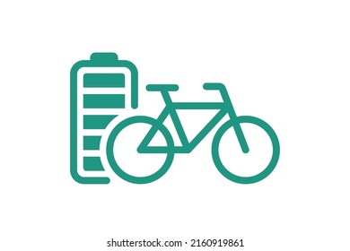 Electric bicycle fully charged battery energy indicator green linear icon. Electrical transportation bike accumulator charger symbol. Electro charging cycle. Eco friendly transport recharge eps sign