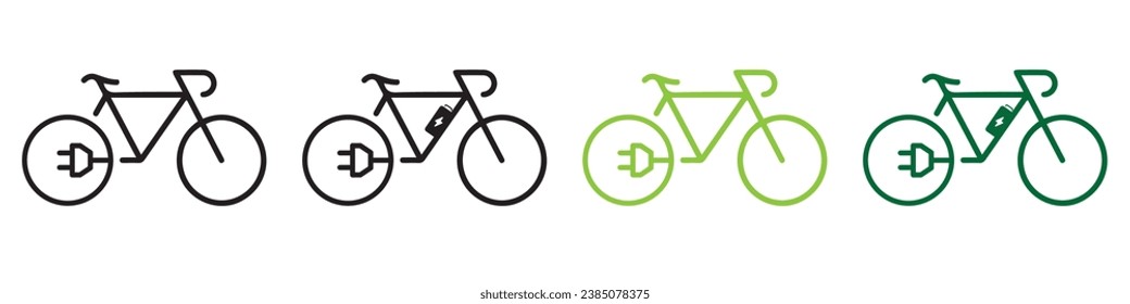 Electric bicycle icon. Black cable electrical bike contour and plug charging symbol. Eco friendly electro cycle vehicle sign concept. Vector battery powered e-bike transportation eps illustration