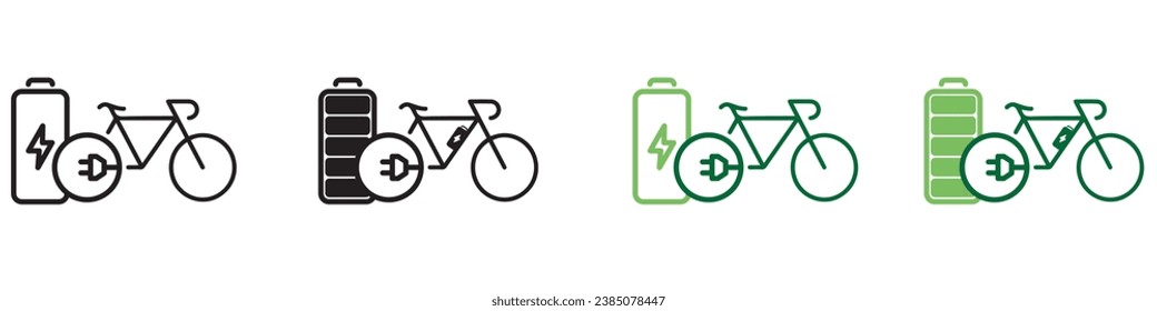 Elektrisches Fahrradsymbol. Schwarzes Kabel elektrische Radkontur und Stecker-Ladesymbol. Umweltfreundliches Schilderkonzept für Elektrofahrzeuge. Vektorbatteriebetriebene E-Bike-Transporte - Vektorgrafik