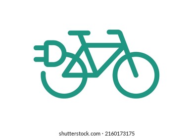 Electric bicycle icon. Green cable electrical bike contour and plug charging symbol. Eco friendly electro cycle vehicle sign concept. Vector battery powered e-bike transportation eps illustration