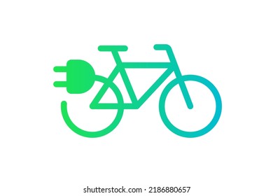 Electric bicycle icon. Green gradient cable electrical bike and plug charging symbol. Eco friendly electro cycle vehicle sign concept. Vector battery powered e-bike transportation eps illustration