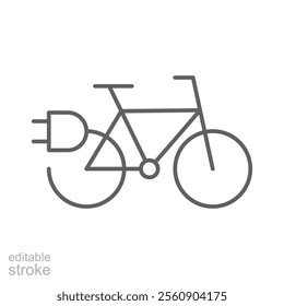 Electric bicycle icon. Simple outline style. Electrical bike and plug charging, eco friendly electro cycle vehicle concept. Thin line symbol. Vector illustration isolated. Editable stroke.