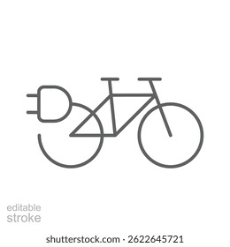 Electric bicycle icon. Simple outline style. Electrical bike and plug charging, eco friendly electro cycle vehicle concept. Thin line symbol. Vector illustration isolated. Editable stroke.