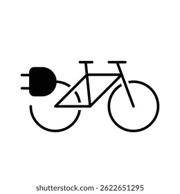 Electric bicycle icon. Simple solid style. Electrical bike and plug charging, eco friendly electro cycle vehicle concept. Black silhouette, glyph symbol. Vector illustration isolated.