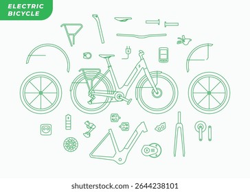 Conjunto de ícones de contorno de arte de linha de bicicleta elétrica. Bicicleta elétrica da cidade com peças de reposição e componentes símbolo ícone do logotipo ilustração vetorial traço editável