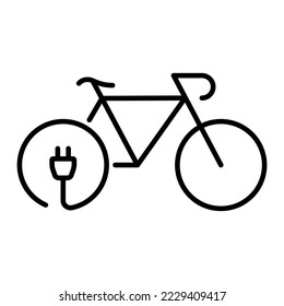 Electric Bicycle Line Icon. Green Electricity Energy Ecological Bike Outline Symbol. Electro Power Eco Bike with Charge Plug Linear Pictogram. Editable Stroke. Isolated Vector Illustration.