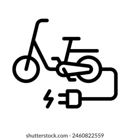 Electric bicycle with plug icon, E bike charge battery sign, EV charging point, Eco vehicle concept, Vector illustration