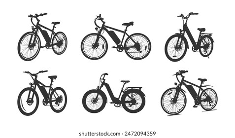 Electric bicycle silhouettes, E-bike silhouettes, Electric bike vector set