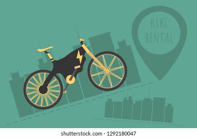 Electric bike with black, green and yellow color. E-Bike. Bicycle sign for web or print. Green background with big city and geolocation icon . Vector illustration.
