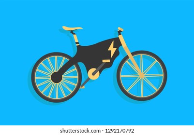 Electric Bike with black and yellow color. E-Bike. Bicycle sign for web or print. Blue background. Vector illustration.