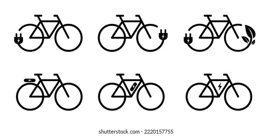 Electric bike. Cartoon charging point cable battery station for an electric ebike e bike. Bicycle, charge, plug and bio, eco green power. Vector sport symbol or logo. cyclist riding. City e-bike.