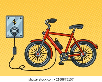 la bicicleta eléctrica se carga desde la ilustración del vector retro de arte pop del zócalo. La imitación al estilo de un libro de historietas.