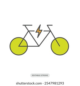 Electric bike color icon, a bike with lightning thunderbol icon, electric vehicle, environment, nature symbol on white background - vector illustration