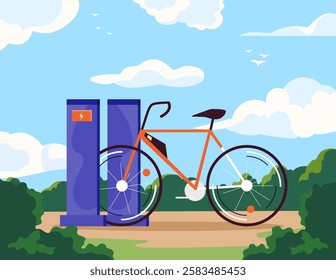 Electric bike concept. Environmentally friendly transport on charge. Caring for ecology and environment, reducing increased co2 into atmosphere. Travel and trip. Flat vector illustration