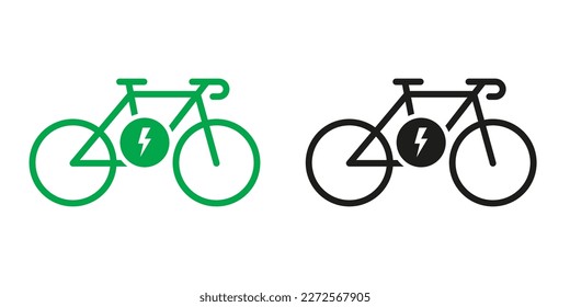 Electric Bike, Ecological Transport on Electronic Energy Green and Black Glyph Pictogram Set. Eco Hybrid Bicycle Icons. Ebike Sign. Ecology Electro Power Silhouette Icon. Isolated Vector Illustration.