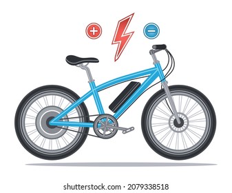 Electric bike with electrical motor wheel. E-bike, hybrid bicycle with electro power engine, pedal assist system, energy accumulator battery. Speed street two wheeled transport, ecologic ride. Vector