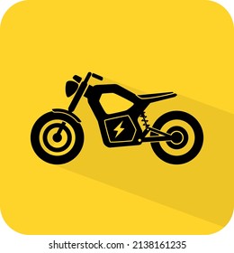 Electric bike. EV motorcycle. Charging motorbike. Rechargeable electronic vehicle. Zero emission personal ride. Black and yellow color vector illustration.
