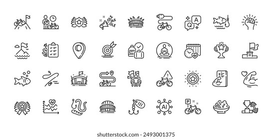 Electric bike, Fishing and Laureate line icons pack. AI, Question and Answer, Map pin icons. Dumbbell, Cardio training, Arena web icon. Yoga, Cardio calendar, Arena stadium pictogram. Vector