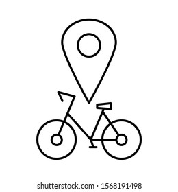 Electric bike icon on map pointer. Bicycle icon symbol design.  Vector illustration. Outline rent and share e-bike vector icon for web design isolated on white background.