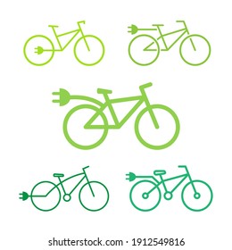 Electric bike icon set. Eco bicycle with plug collection. Flat line vector illustration isolated on white