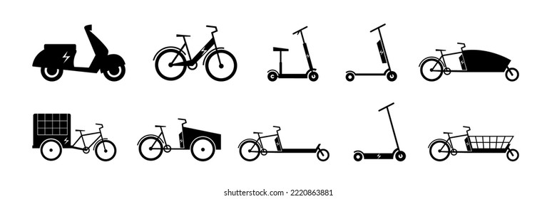 Juego de iconos de la bicicleta eléctrica. Silhouette del logo de transporte de Electro. Bicicleta, patinete, moto, pastelería. Ilustración vectorial plana