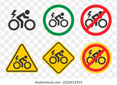 Elektrische Fahrrad-Symbole Symbolsatz. Kein E Bike, Fahrrad Verbotsschild Logo. Radfahrer Radweg. Vektorgrafik.