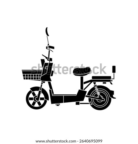 Electric bike illustrated in solid black fill with detailed components and side view, presented as a vector icon for mobility, transportation, and urban commuting design use. Electric bicycle, E-Bike 