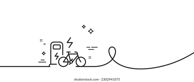 Electric bike line icon. Continuous one line with curl. Motorized bicycle transport sign. Charge ebike symbol. Electric bike single outline ribbon. Loop curve pattern. Vector