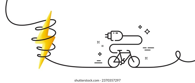 Electric bike line icon. Continuous one line with curl. Motorized bicycle transport sign. Charge ebike symbol. Electric bike single outline ribbon. Loop curve with energy. Vector