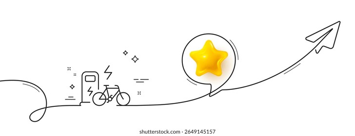 Electric bike line icon. Continuous line with share plane. Motorized bicycle transport sign. Charge ebike symbol. 3d star in speech bubble. Electric bike single line ribbon. Loop curve pattern. Vector