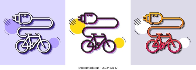 Electric bike line icon. Halftone dotted pattern. Gradient icon with grain shadow. Motorized bicycle transport sign. Charge ebike symbol. Line electric bike icon. Various designs. Vector