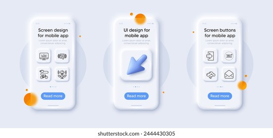 Electric bike, Music making and Cloud share line icons pack. 3d phone mockups with cursor. Glass smartphone screen. Mail, 5g wifi, Login web icon. Incubator, 360 degrees pictogram. Vector