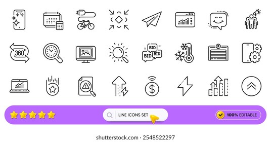 Electric bike, Photo thumbnail and 360 degree line icons for web app. Pack of Smile chat, Phone service, Freezing pictogram icons. Search document, Parking garage, Time management signs. Vector