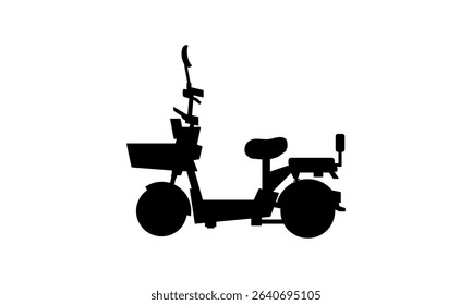 Electric bike silhouette vector in flat solid black, designed from a side perspective with simplified forms for use in signs, infographics, UI UX, and mobility-related projects.