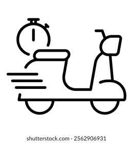 An electric bike with a stopwatch symbolizing eco-friendly transportation, speedy food delivery, and efficient delivery services round line vector icon with editable stroke